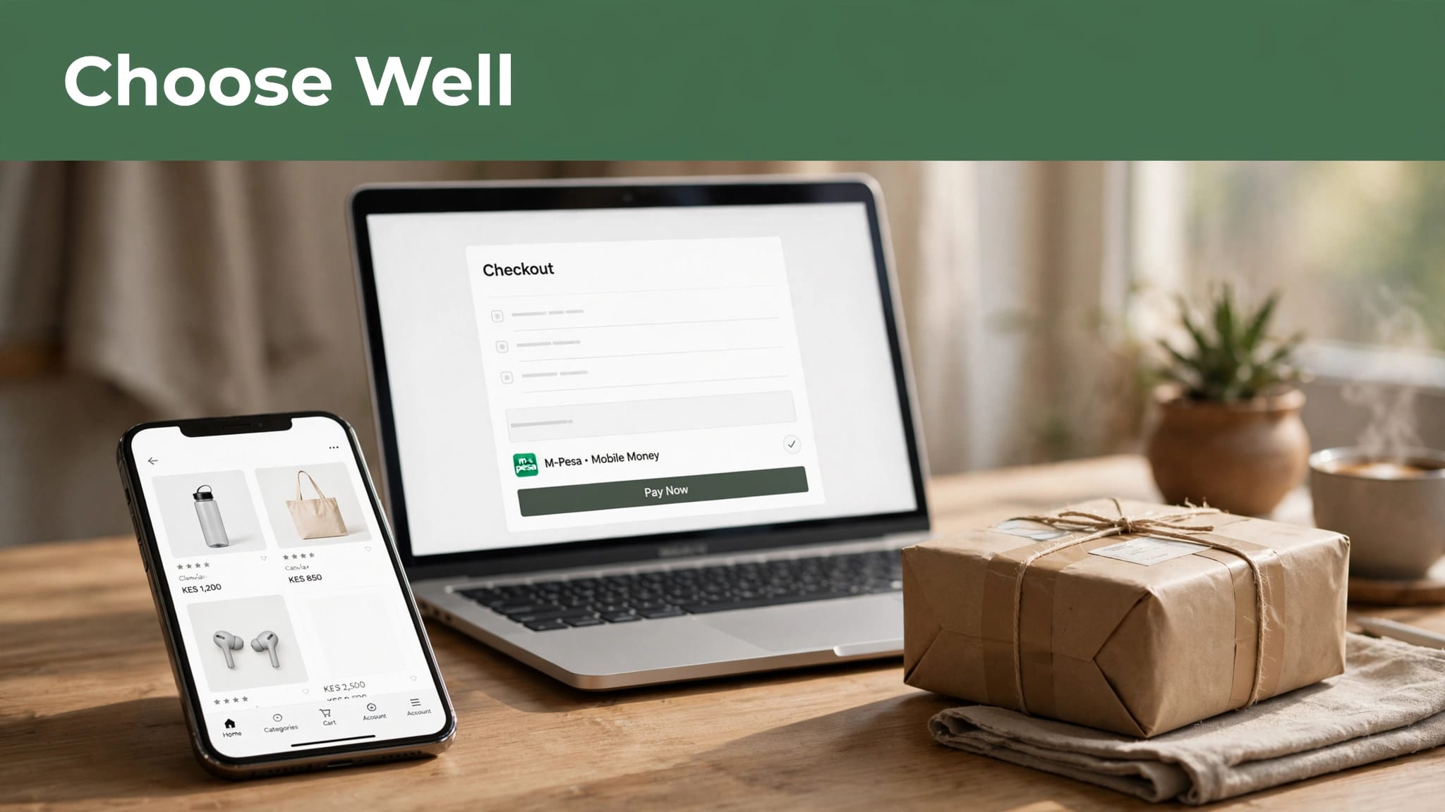 A phone and laptop show an online shop beside a parcel and M-Pesa payment cue.