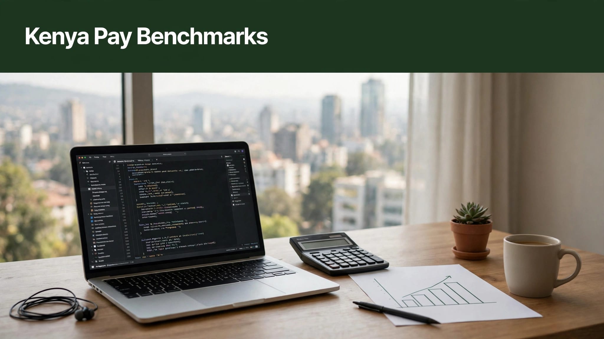 A coding laptop, calculator, and rising salary chart sit on a desk overlooking Nairobi.