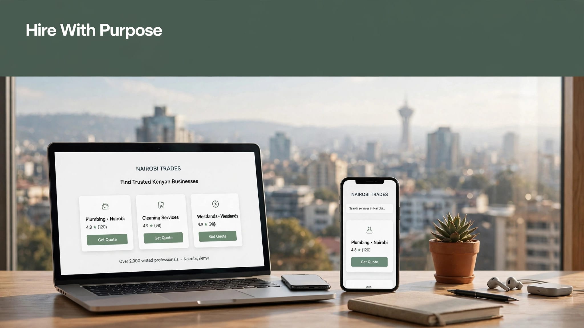 A laptop and phone show the same website beside a Nairobi skyline.